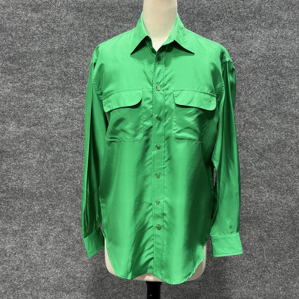 Ralph Lauren Shirt Womens 6 Green 100% Silk Button Front Long Sleeve Satin Top